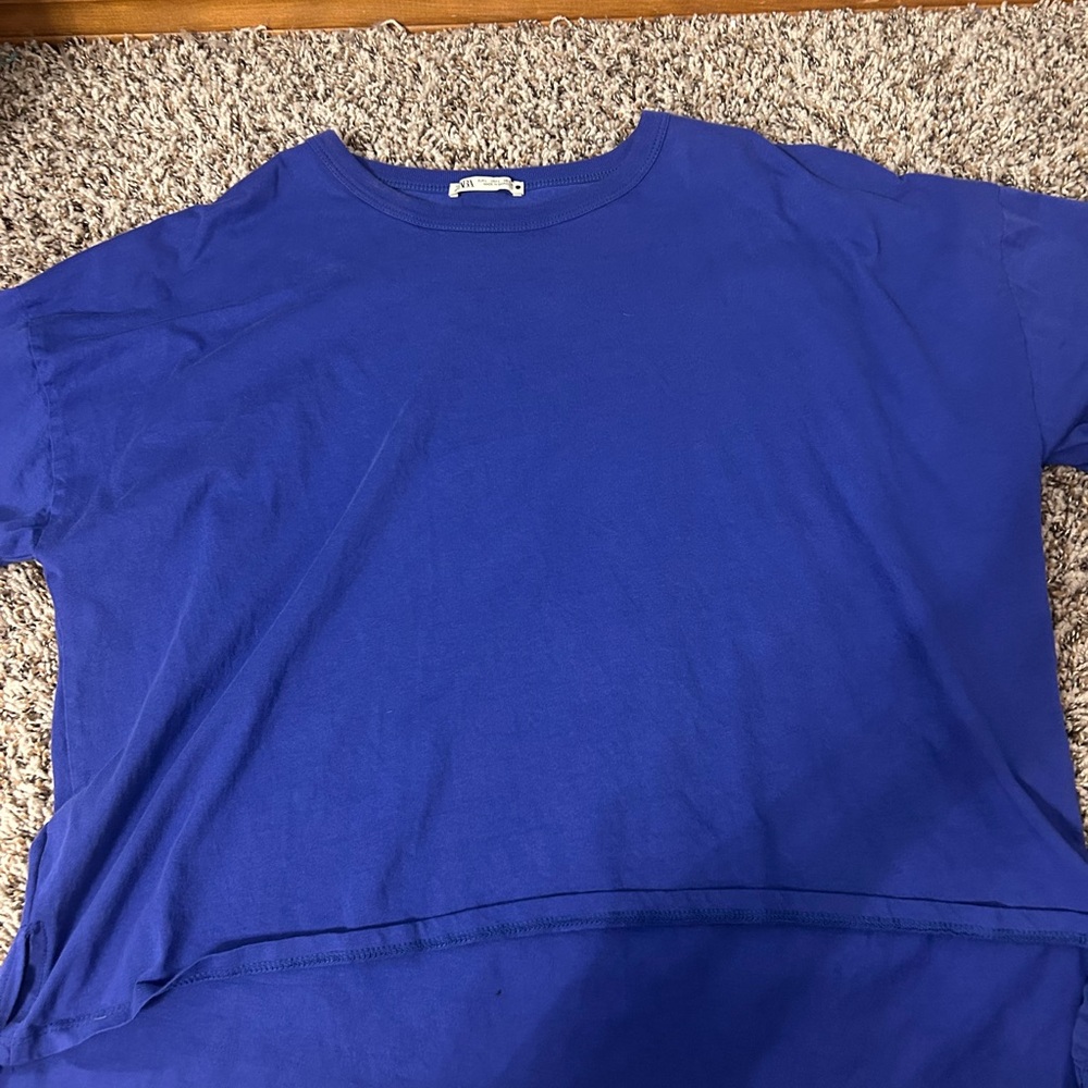 Women's Zara Royal Blue Crew Neck Tee, Cropped, Baggy, Oversized, Size Small